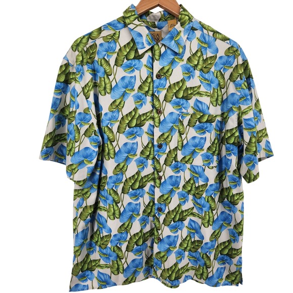 Jos A Bank Silk Camp Shirt Tropical Floral Blue Green Short Sleeve Button Up L - Picture 9 of 9